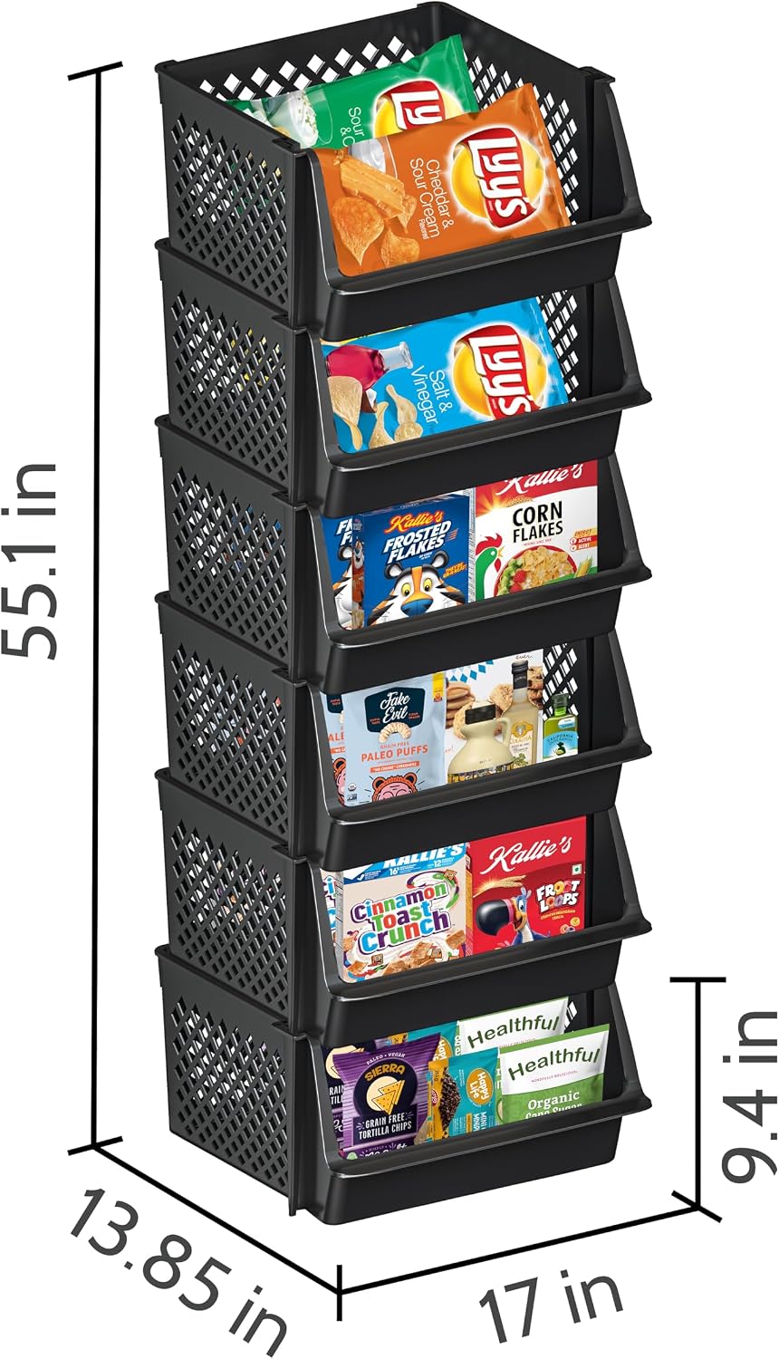 Large Stackable Storage Bins Open Front for Pantry Storage, 6 Pack - Black