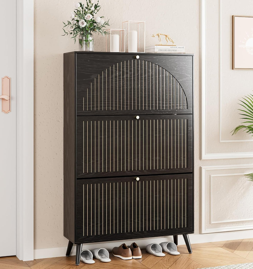 Fsbecl Shoe Storage Cabinet for Entryway with 3 Fluted Flip Drawers, Black