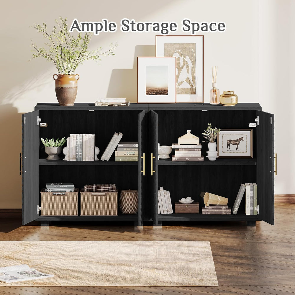 63" V-Shaped Fluted Buffet Cabinet, Adjustable Shelf, Matte Black