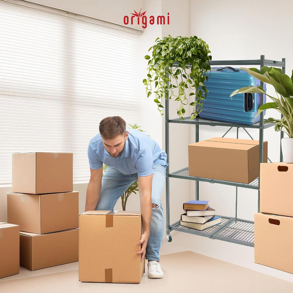 Origami 3-Pack R5 Storage Rack, 4-Tier Heavy-Duty Foldable Steel Shelf with W...