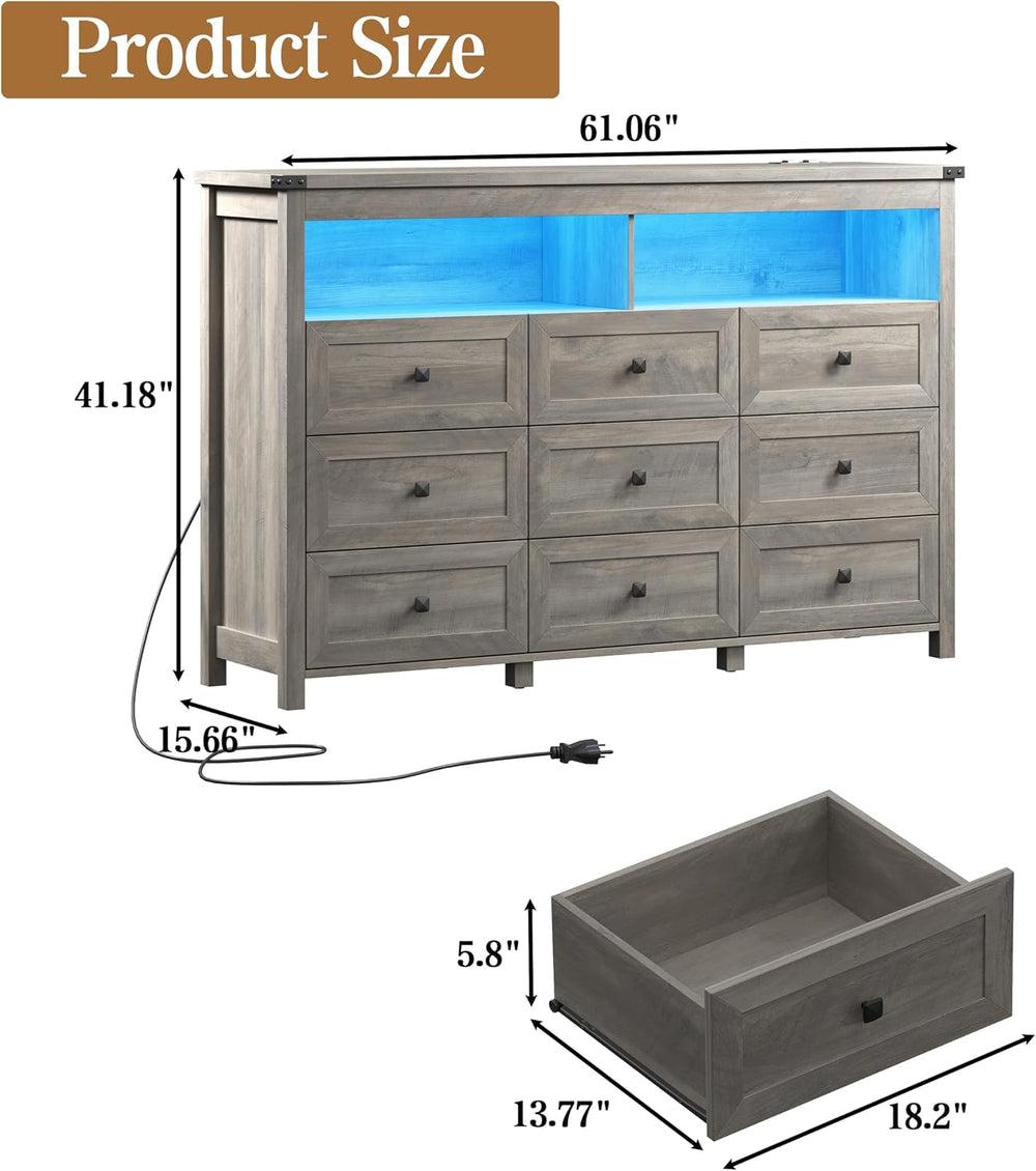 Wodeer 9 Drawer Dresser for Bedroom with LED Lights, Charging Station, Wood C...