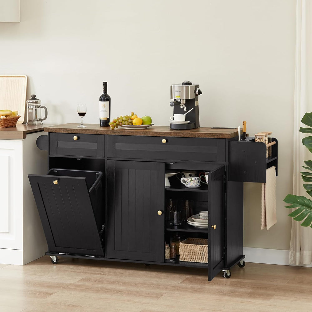 60" Kitchen Island with Drop Leaf & Trash Can Storage, Black