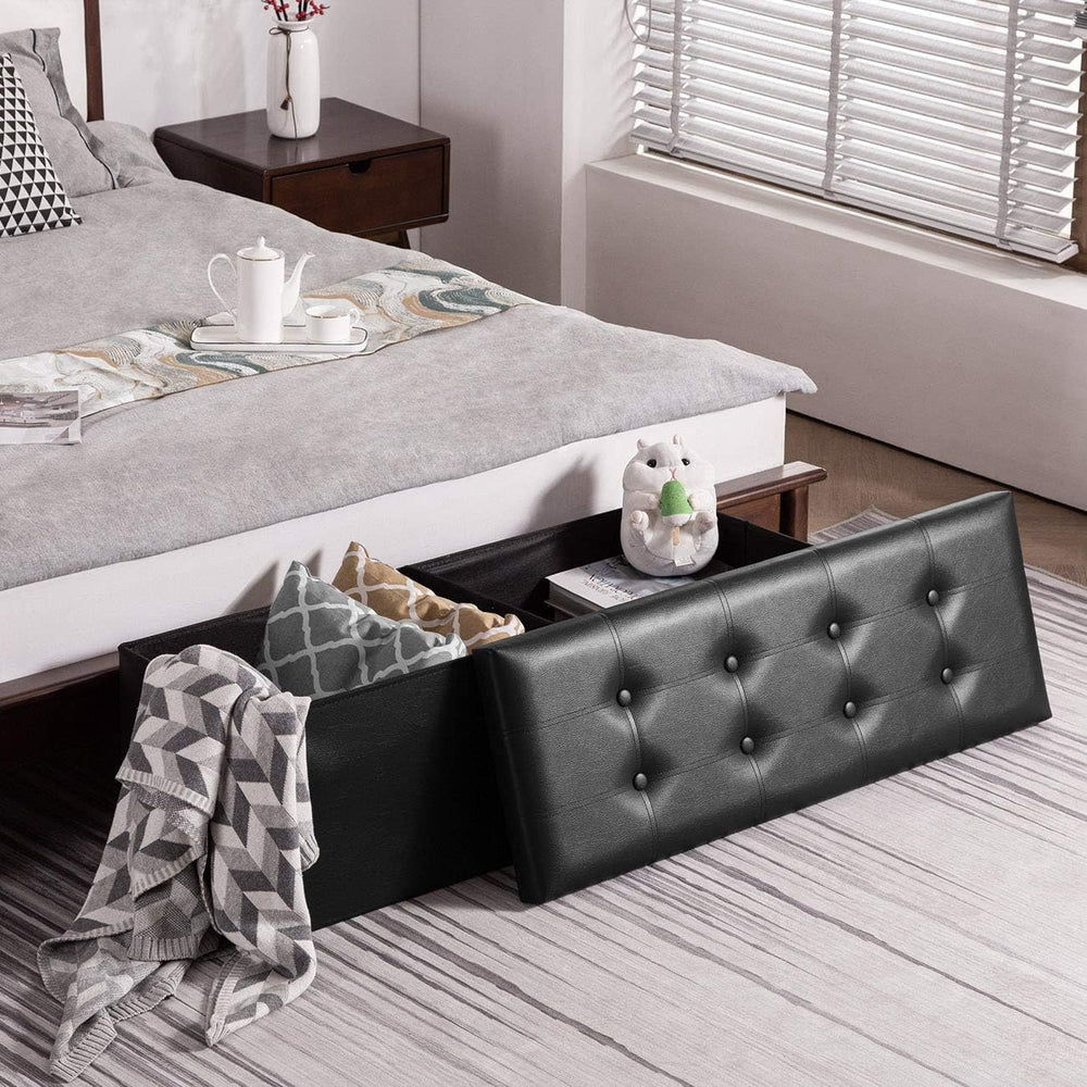 YOUDENOVA 43" Ottoman with Storage, Folding Faux Leather Bench, Black