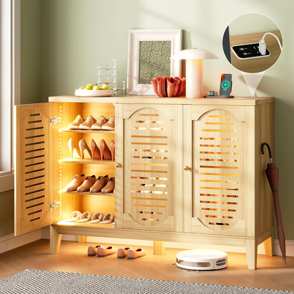 Vlsrka Shoe Storage Cabinet with Slatted Doors and Motion Sensor Lights