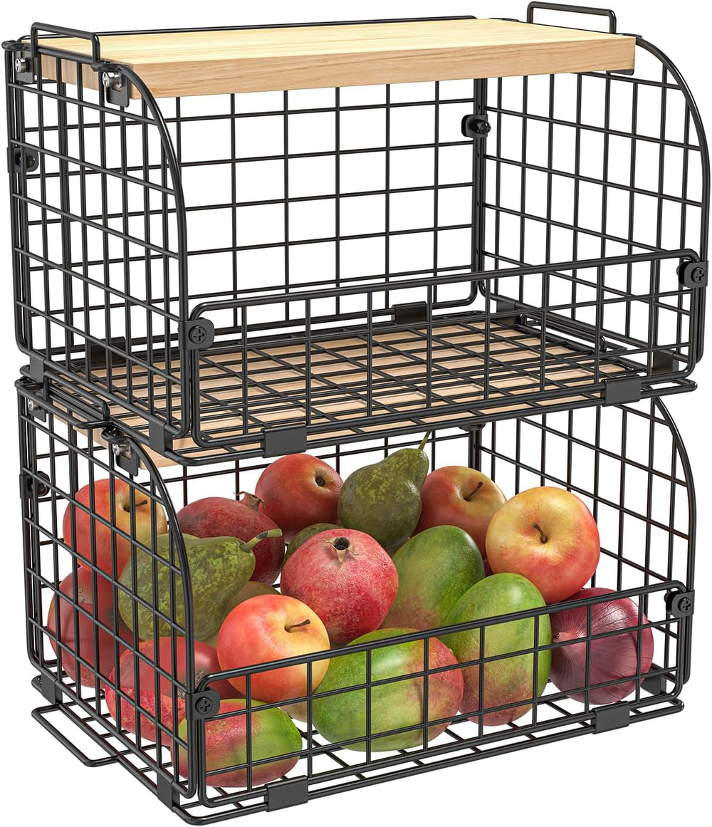 2 Set Stackable Wire Basket with Openable Top, Kitchen Counter, Pantry Organi...