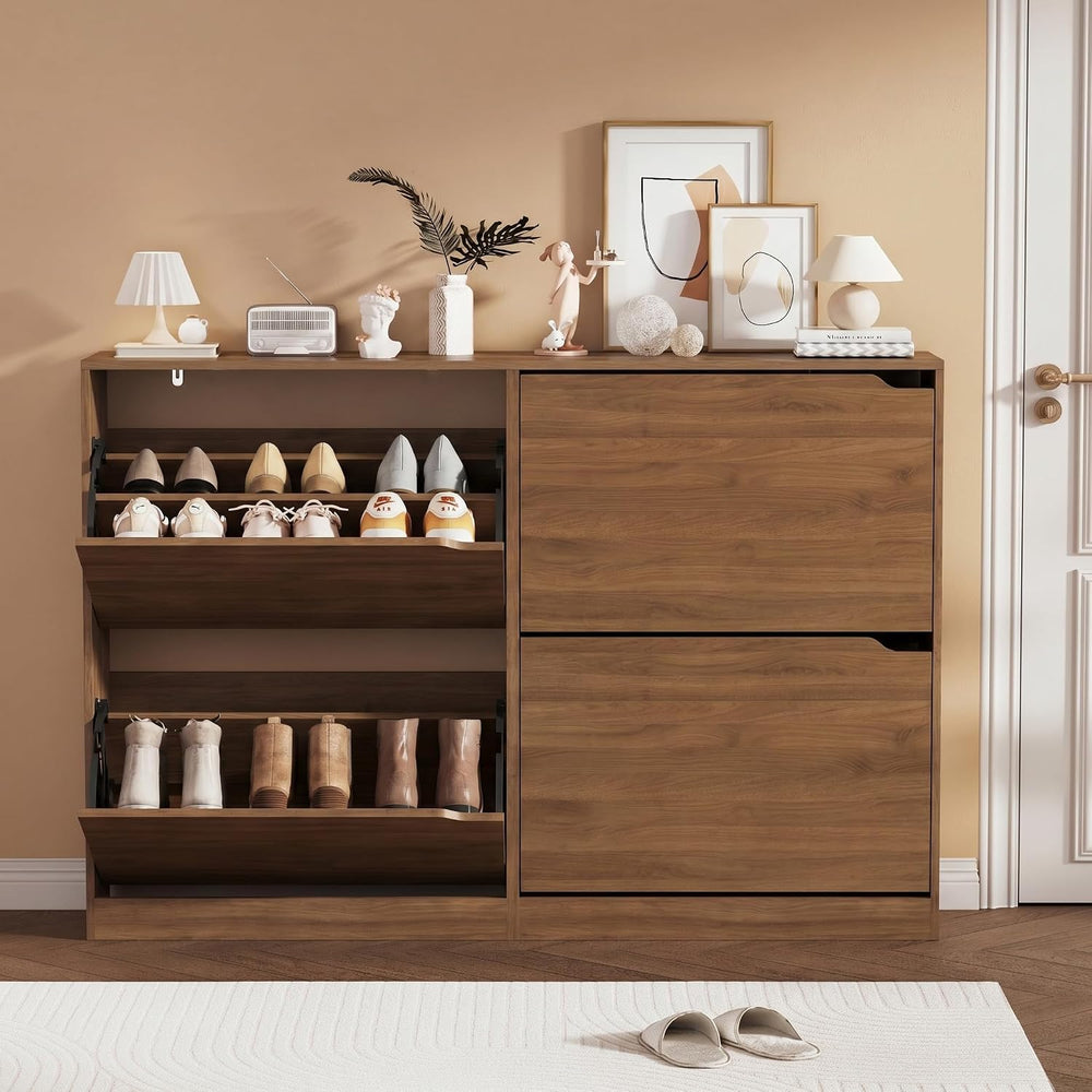 Walnut Hidden Shoe Storage Cabinet for Entryway with 4 Flip Drawers