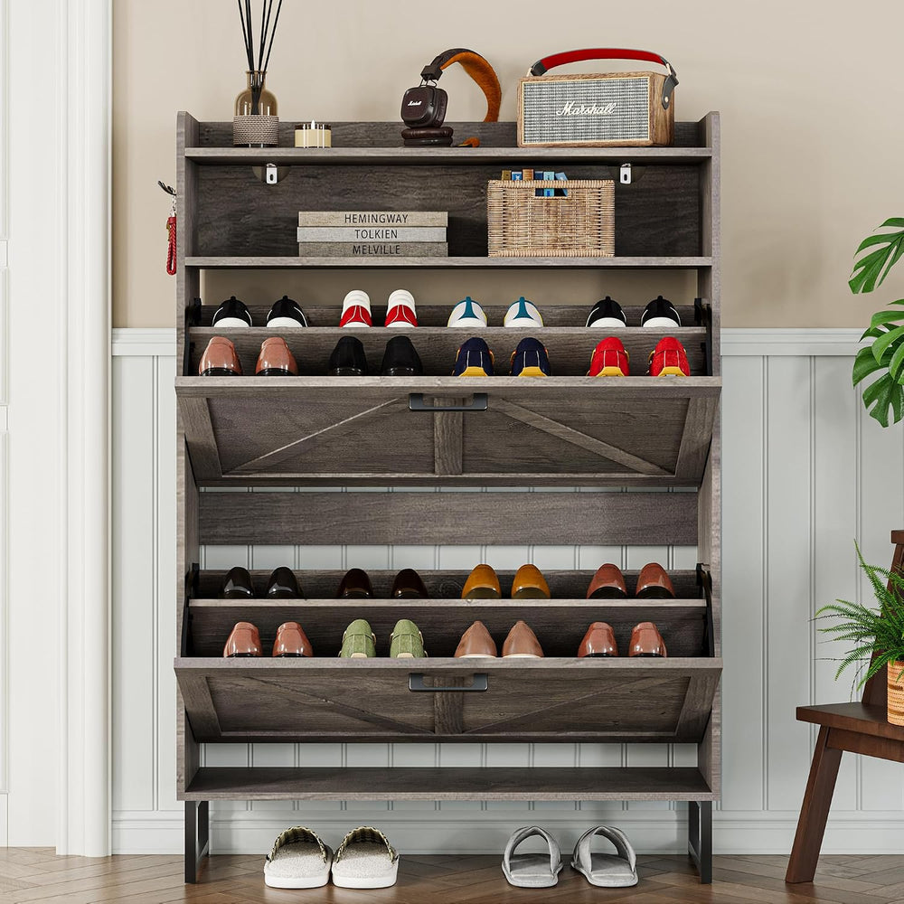 BORNOON Shoe Cabinet with 2 Flip Drawers Narrow Shoe Storage Organizer Wooden...