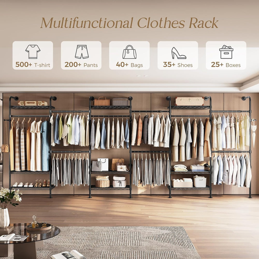 Wall Mounted Closet System, Heavy Duty 6-Row Clothes Rack, Expandable Industr...