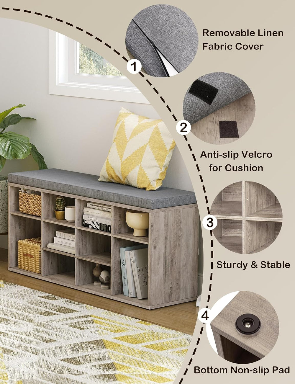 DINZI LVJ Shoe Storage Bench with Cushion, 40.9" Cubby Shoe Rack, 12-Cubby