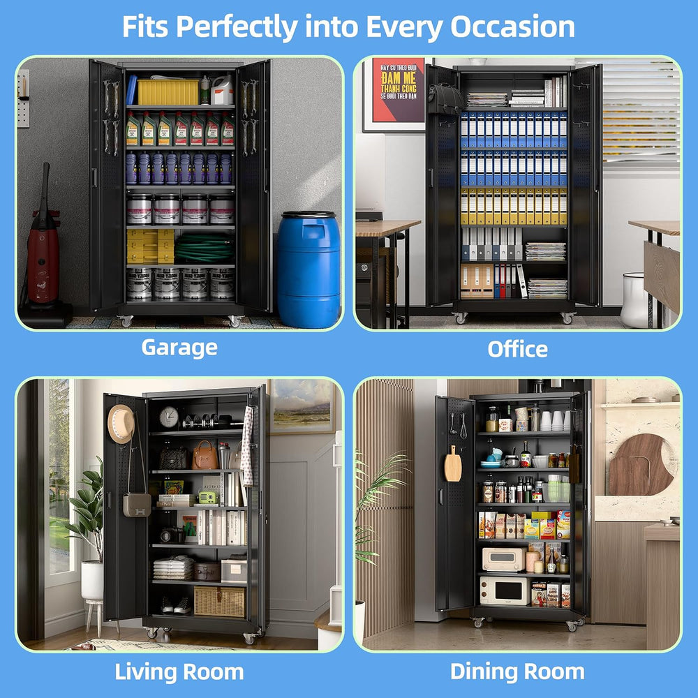Reemoon Metal Storage Cabinet with Wheels and Pegboard, 71 in, Black
