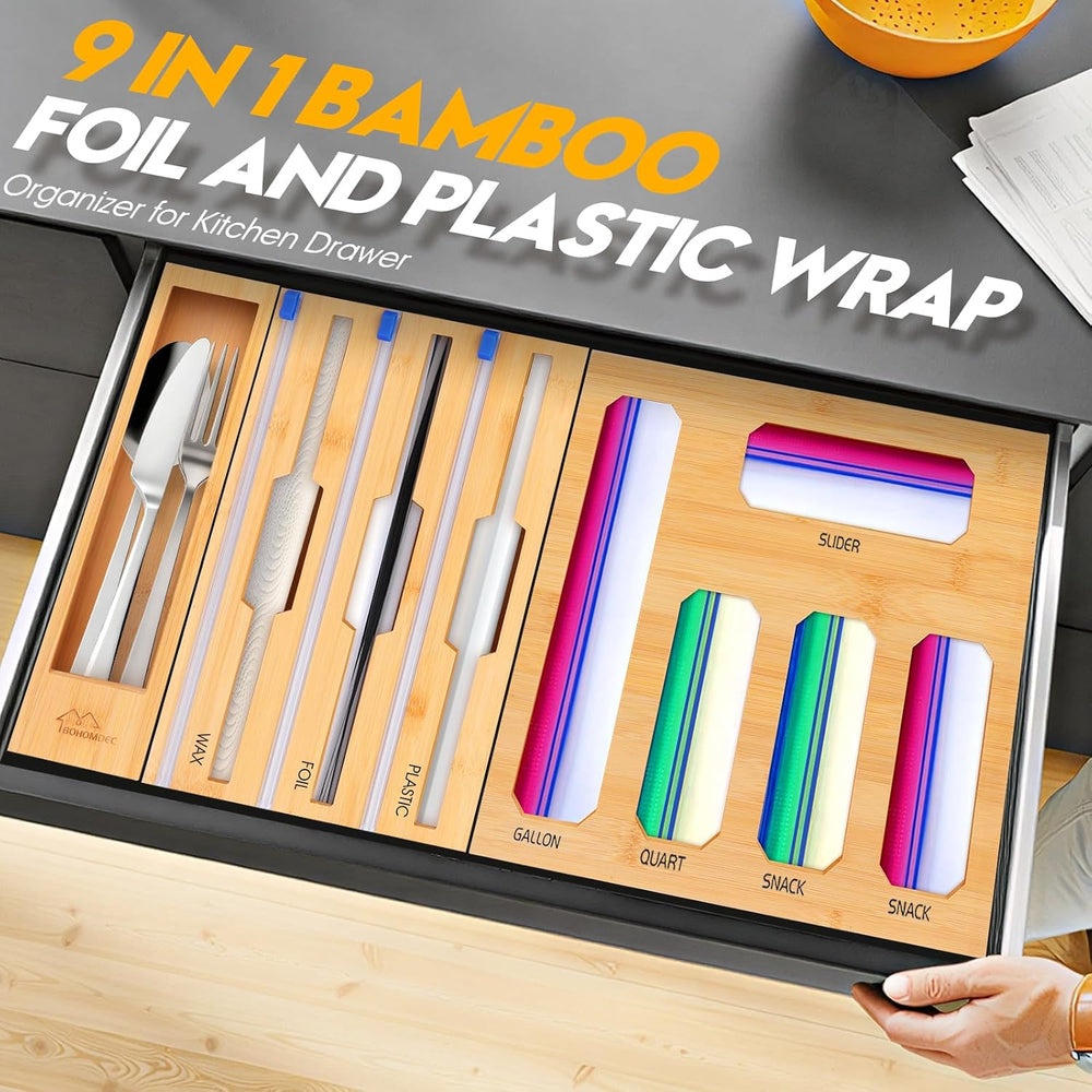 Bamboo Ziplock Bag Organizer for Kitchen Drawer & Wall Mount, Food Storag...