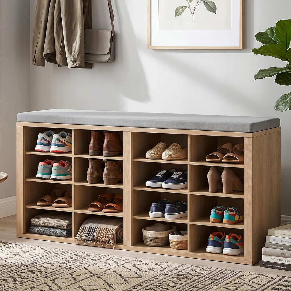 Shoe Rack Bench, Shoe Storage Bench with Cushion, Shoe Organizer 16 Cubbies f...
