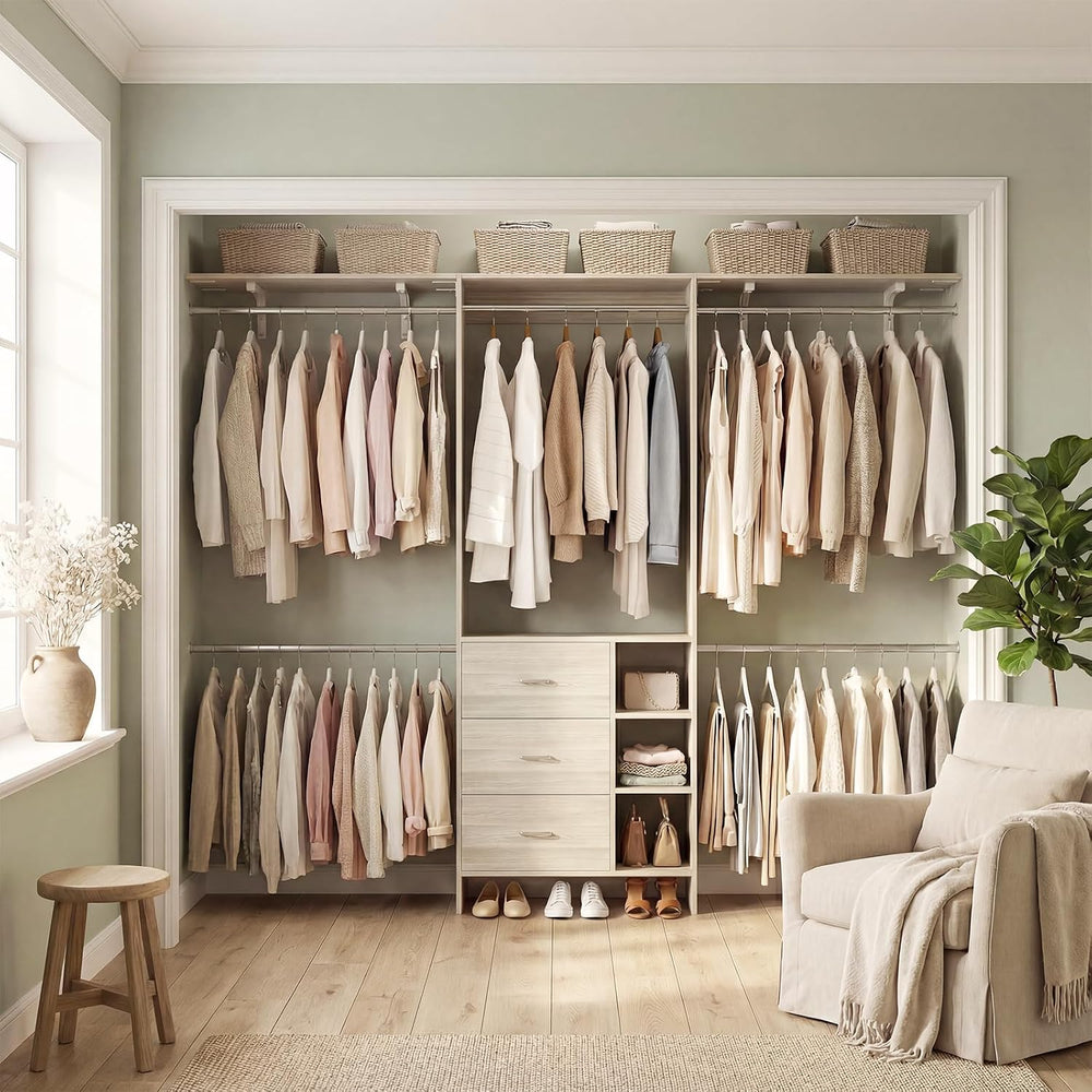 Aheaplus Closet System - 8FT Organizer with 3 Wooden Drawers, Fits 5.3-9 ft W...