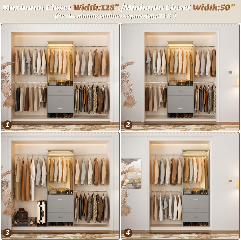 Aheaplus Closet System with Motion-Sensing Light, 3 Wooden Drawers and 4 Hang...