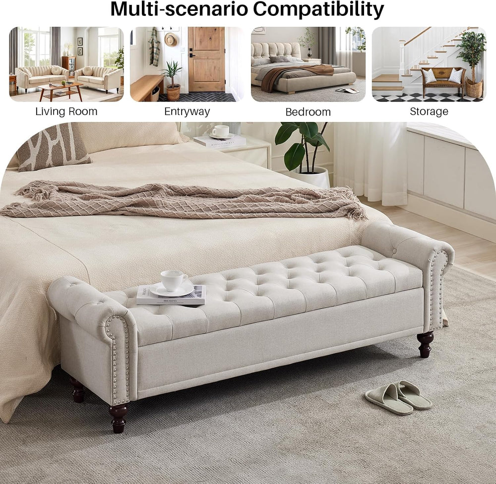 SOFTHION 67" Storage Bench for Bedroom, Linen Upholstered, Beige