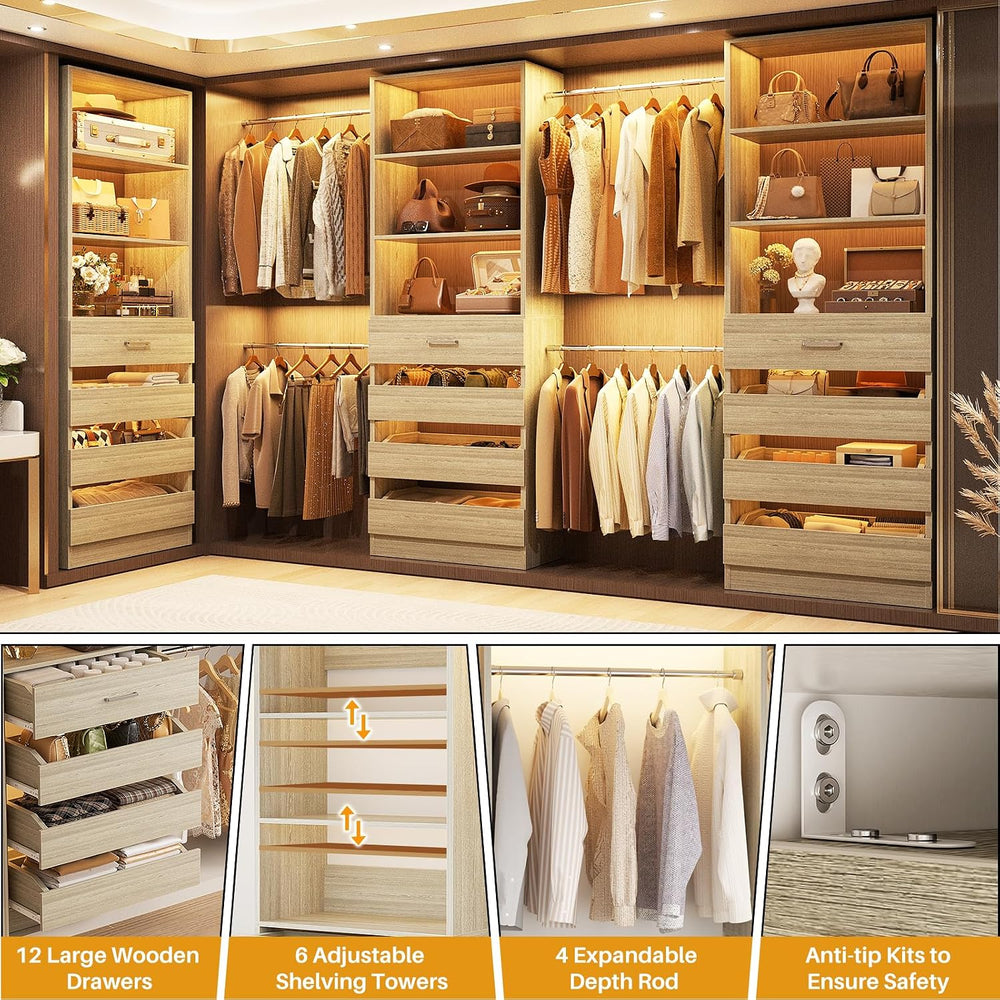 Aheaplus Closet System with 12 Drawers, 8.5-11.5Ft Wood Closet Organizer