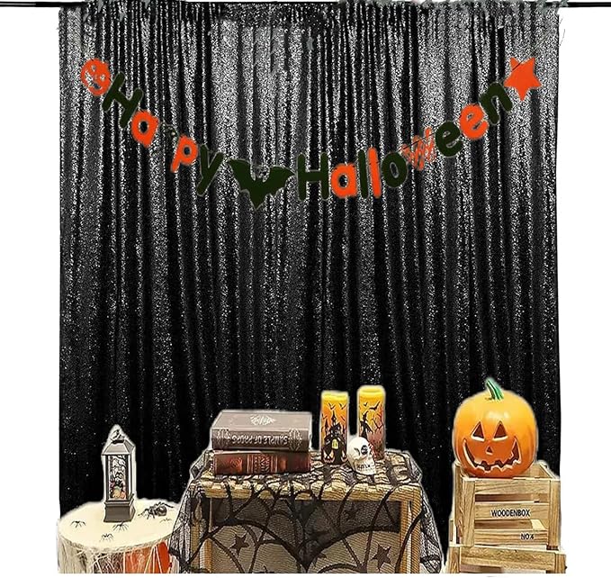 JYFLZQ Black Sequin Backdrop Curtains 7ft x 7ft 1 Panel Halloween Backdrop Gl...