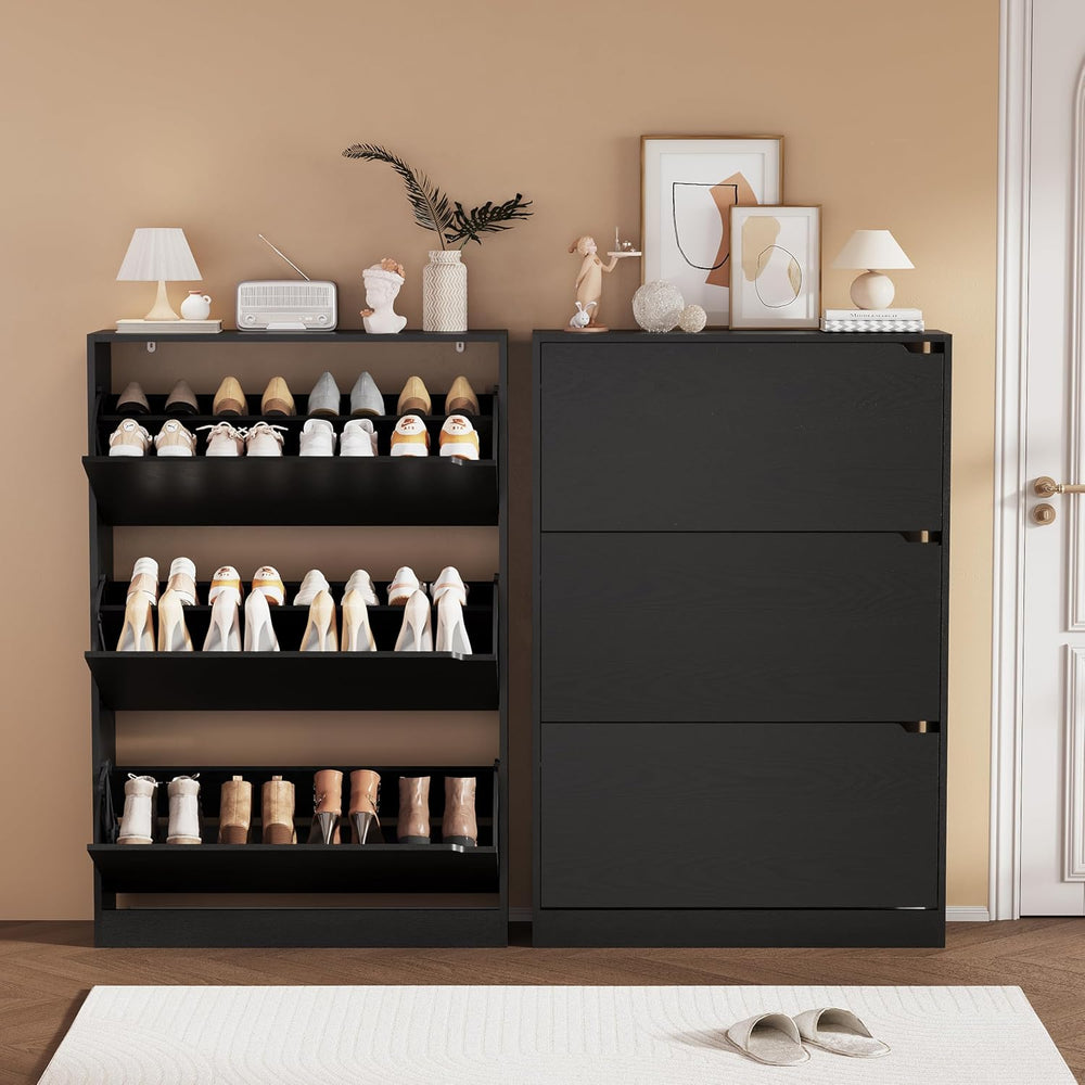 Shoe Storage Cabinet, Wood Shoe Organizer for Entryway with 3 Flip Drawers, F...