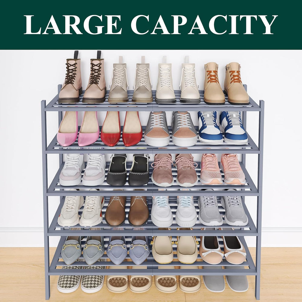 Smiry Bamboo Shoe Rack, 5 Horizontal Slats, 5 Tier - 33.9" Wide, Grey