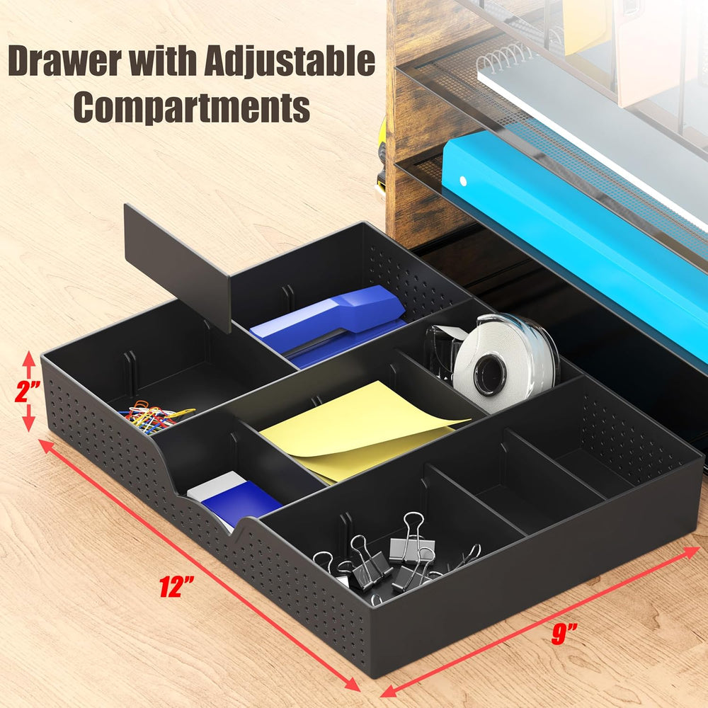 Simple Houseware Mesh Desk Organizer with Wooden Side Board, Rustic Brown