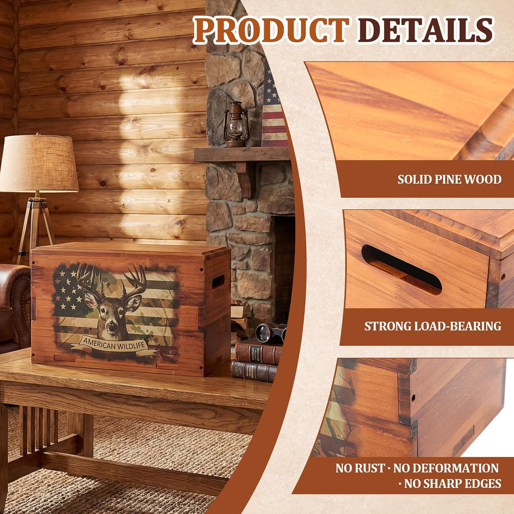 Novabright Solid Pine Wooden Storage Box with Lid, Rustic Elk Decorative Crat...