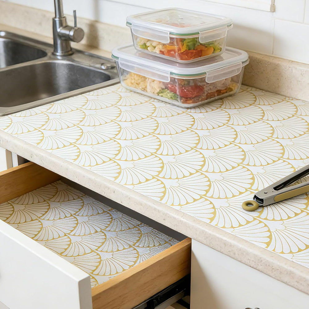 Shelf Liners Non Adhesive Gold Background White Fan-Shaped Pattern