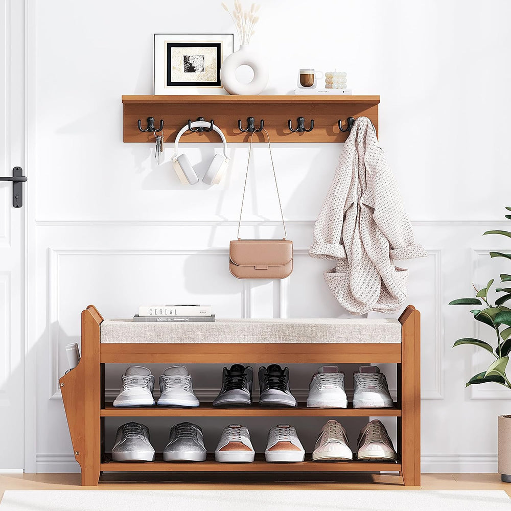 PETKABOO 31.5" Shoe Bench with Coat Rack Hidden Drawer and Side Holder, ...