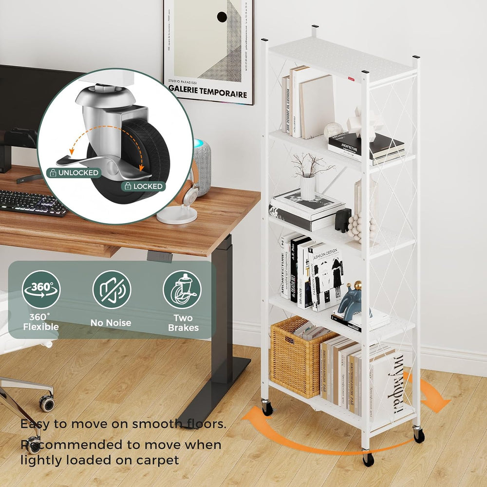 DEANIC 5 Tier Foldable Storage Shelves with Wheels, Large Capacity Shelving U...
