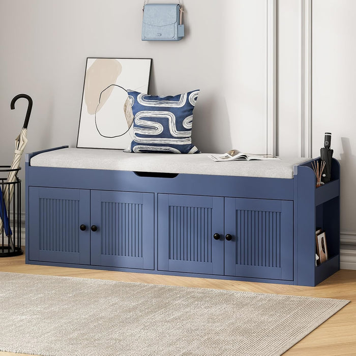 47.2" Storage Bench - Entryway Shoe Bench with Side Storage Shelves and 4 Doors, Multifunctional Entryway Bench with Lift Top Cushion, Shoe Storage Bench for Bedroom, Living Room, Navy Blue