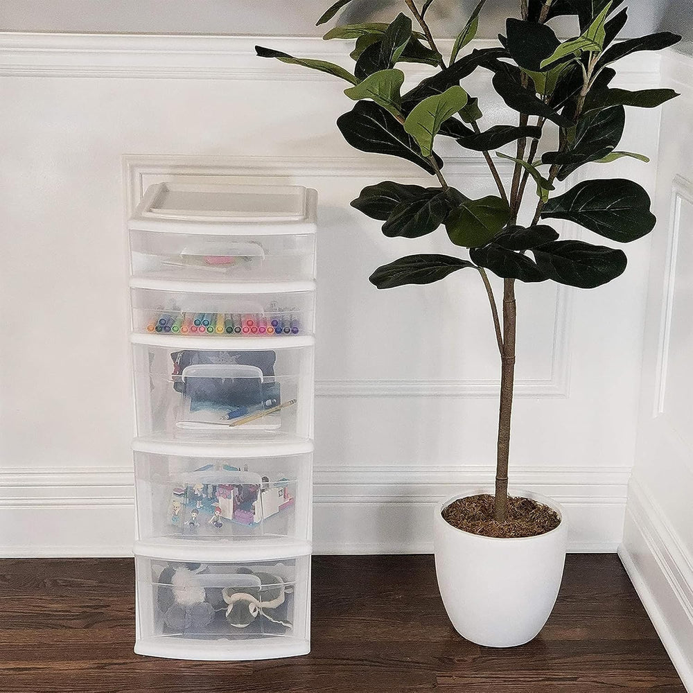 HOMZ 2-Pack Drawer Tower, 5-Tier Clear Plastic Storage Organizer Unit, White ...