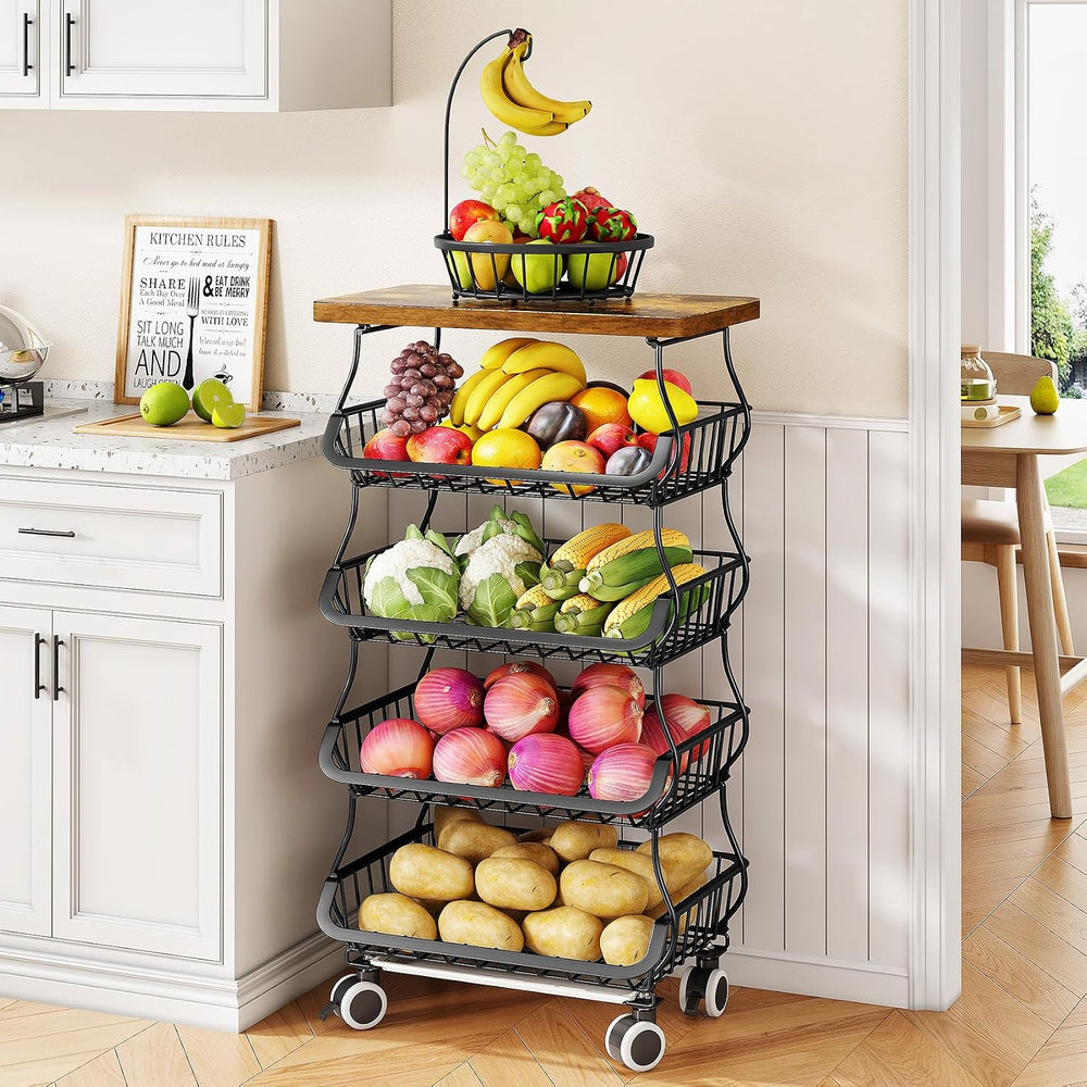 SAYZH 5-Tier Fruit and Vegetable Basket Stand for Kitchen, Wood Top, Black