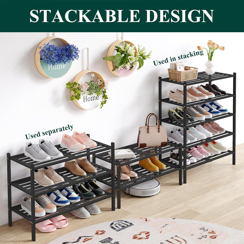 Smiry Bamboo Shoe Rack, 5 Horizontal Slats, 4 Tier - 26.8" Wide, Black