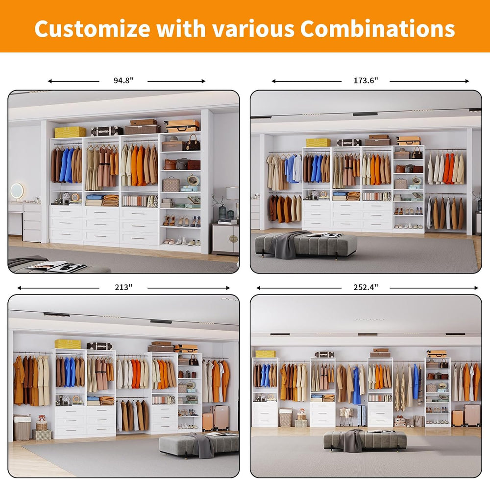 Closet System with 4 Sets, 8FT-21FT Closet Organizer Systems with 9 Drawers 9...