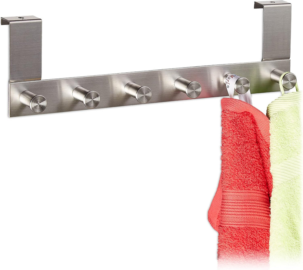 Relaxdays Stainless Steel Coat, 6, Blunt 4 cm, Door Hook Rail for Hanging, Si...