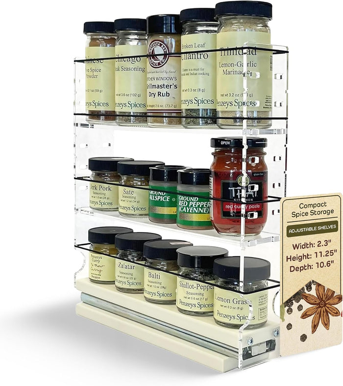 Vertical Spice Adjustable Spice Rack Drawer - Pull Out Cabinet Organizer - Kitchen and Pantry Organizers and Storage - Spice Caddy - 1 Drawer, 2 Upper Tier (2.3" W x 11.25" H x 10.6" D, Cream)