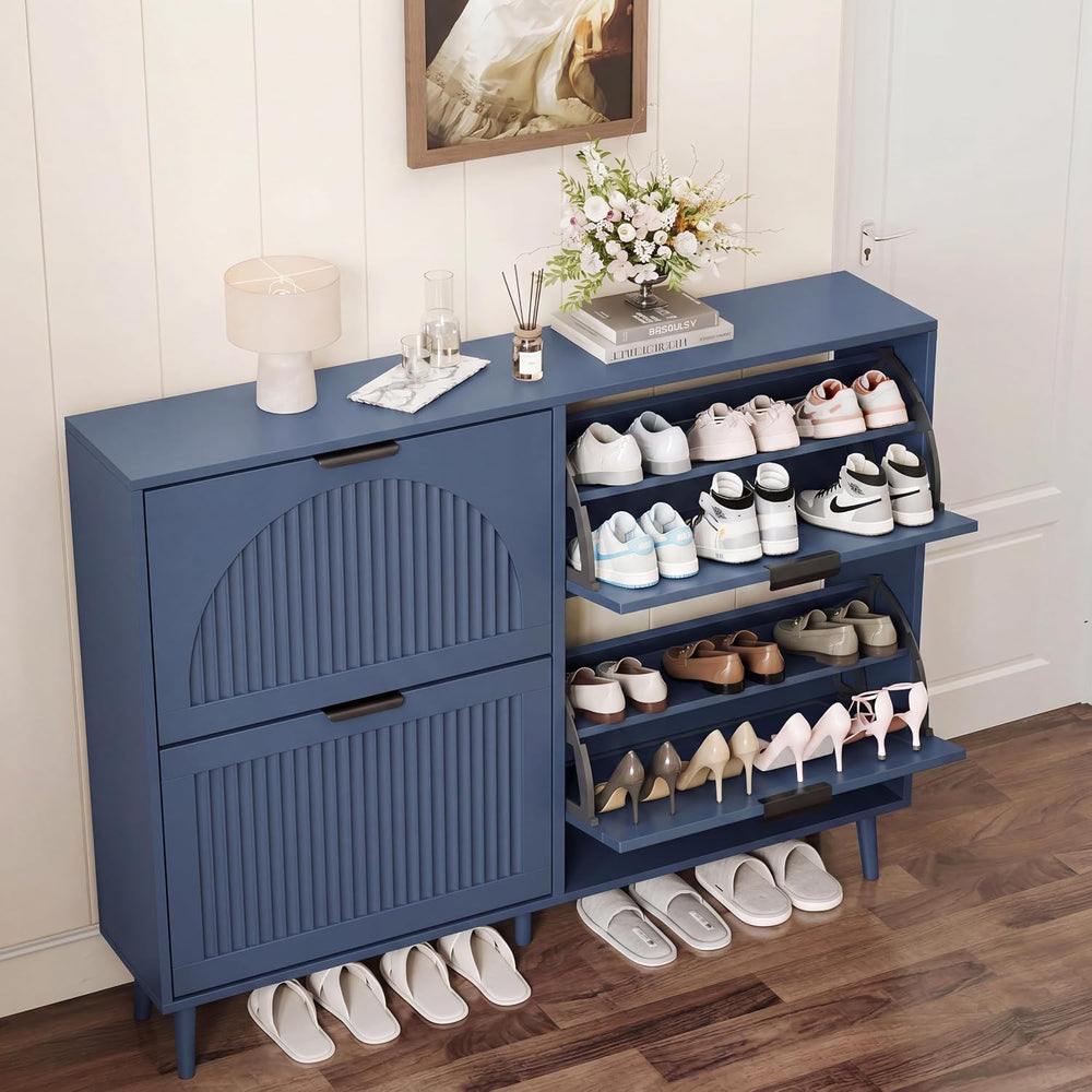 Shoe Storage Cabinet with 4 Flip Drawers, Narrow Wood Shoe Organizer Cabinet ...