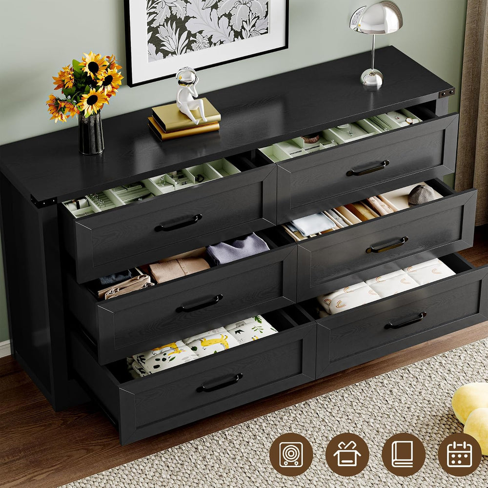 BORNOON 6-Drawer Dresser for Bedroom, Modern Wooden Chest of Drawers with Met...