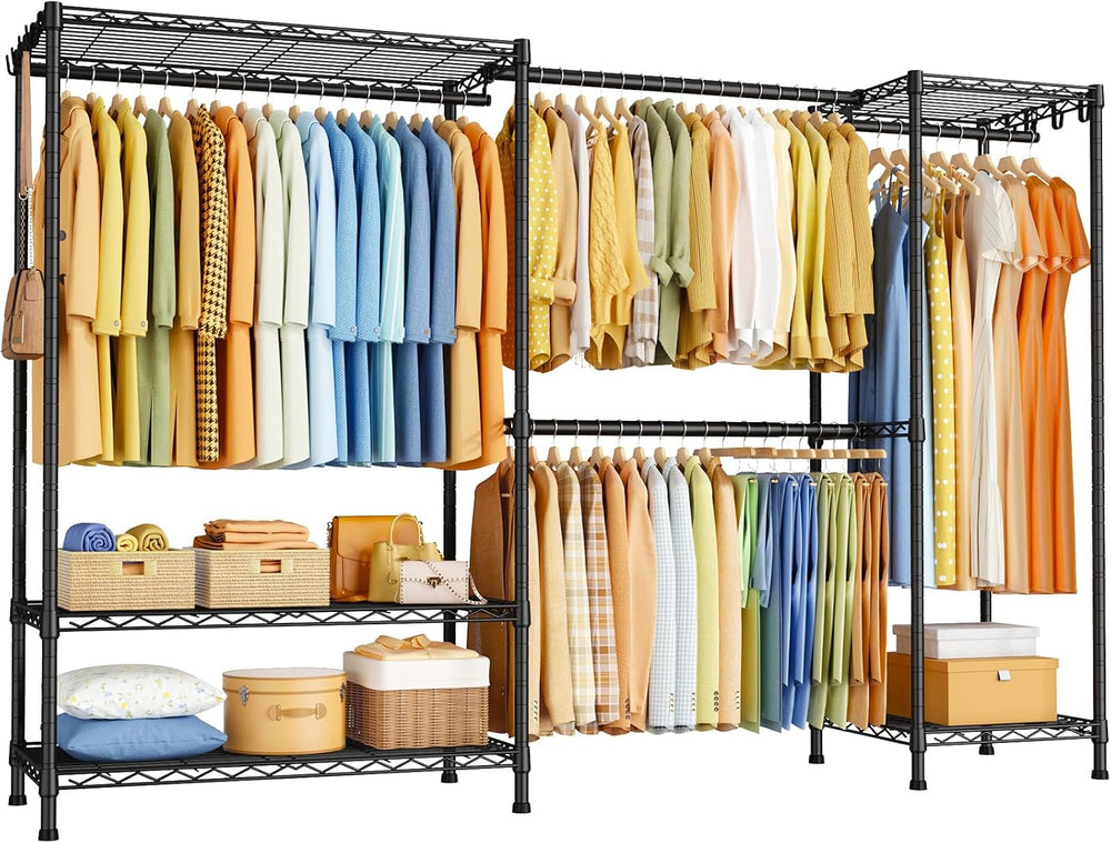 ULIFHOME E17 Heavy-Duty Clothes Rack with 2 Expandable Hanging Rods, Black