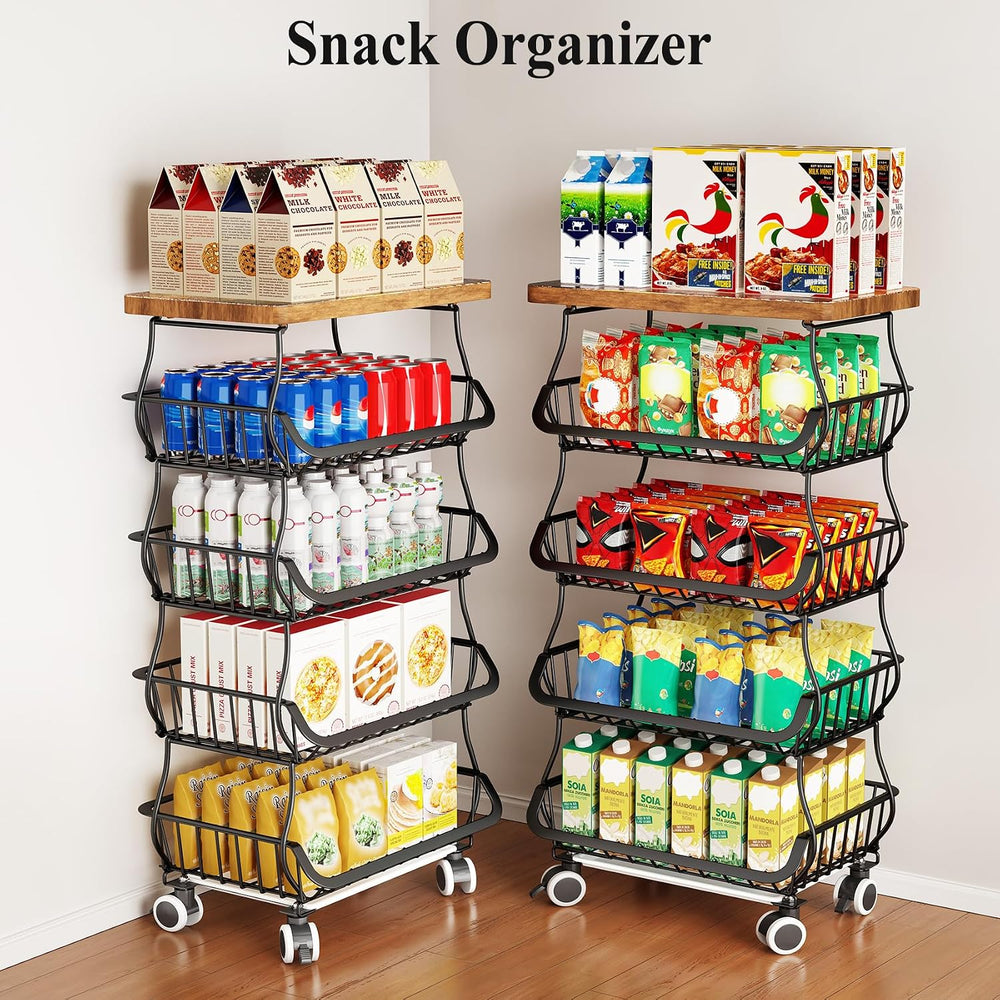 SAYZH 5-Tier Fruit and Vegetable Basket Stand for Kitchen, Wood Top, Black