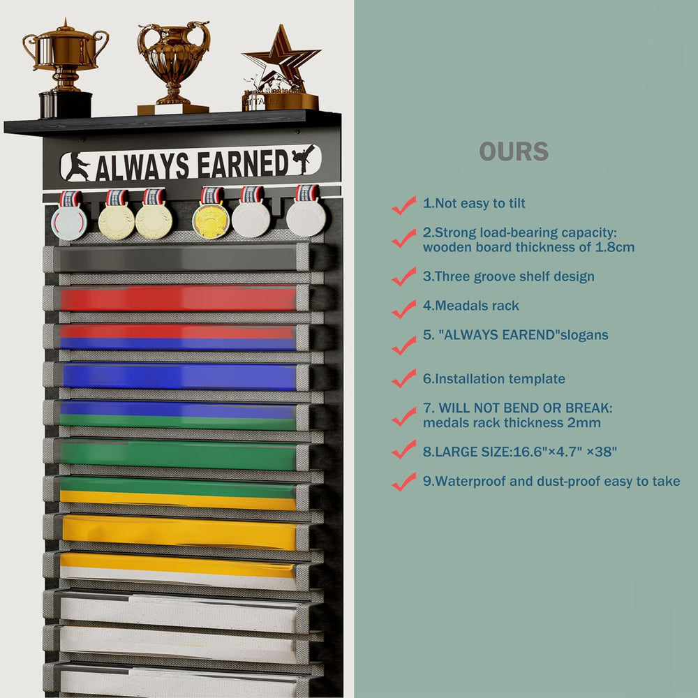 3 in 1 Karate and 12 Belts Taekwondo Belt Display Rack with Medal Hanger, Tro...
