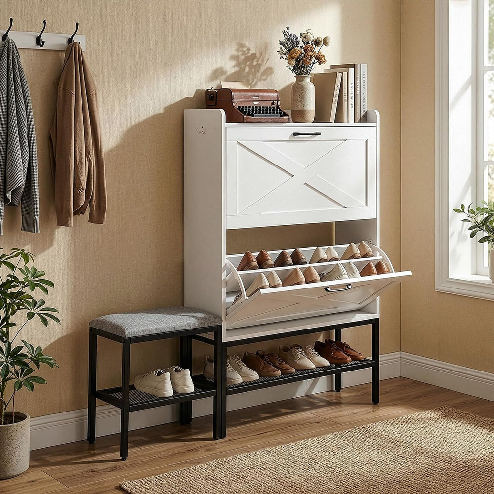 Karl home White Farmhouse Shoe Cabinet, Cushioned Entryway Bench Organizer