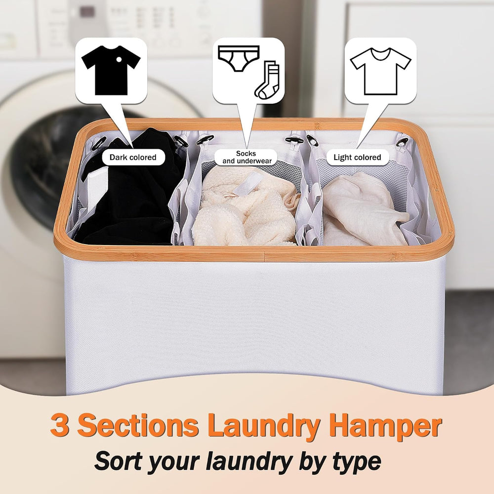 efluky Laundry Hamper 3 Section with lid and 3 Removable Bags, White