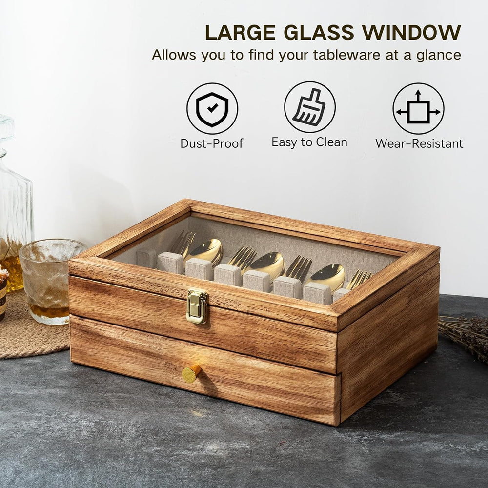 Silverware Box, 2-Layer Wooden Silverware Storage Box with Glass Lid, 14.5×10...