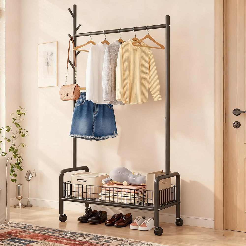 MYUPDALIN Rolling Metal Clothes Rack with Shelves & Storage Basket, Black