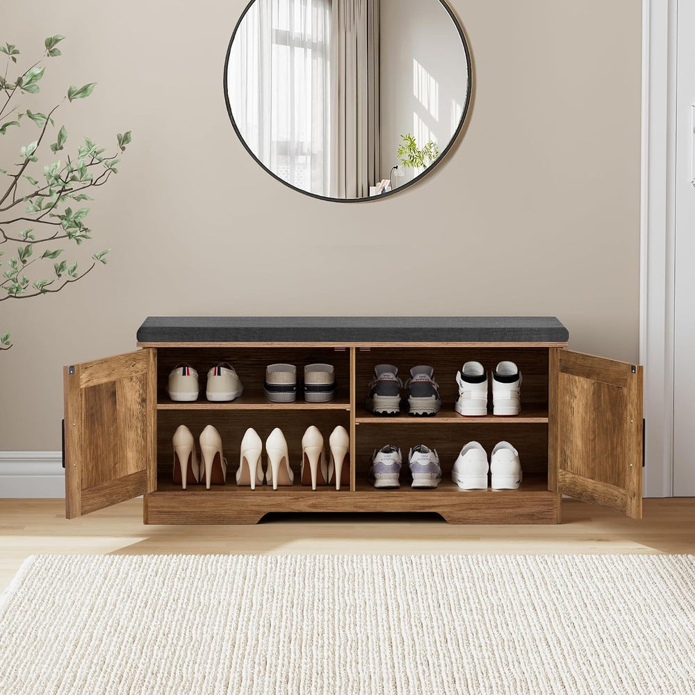 HOMSHO Farmhouse Shoe Storage Bench with 2 Barn Doors & Padded Seat Cushion