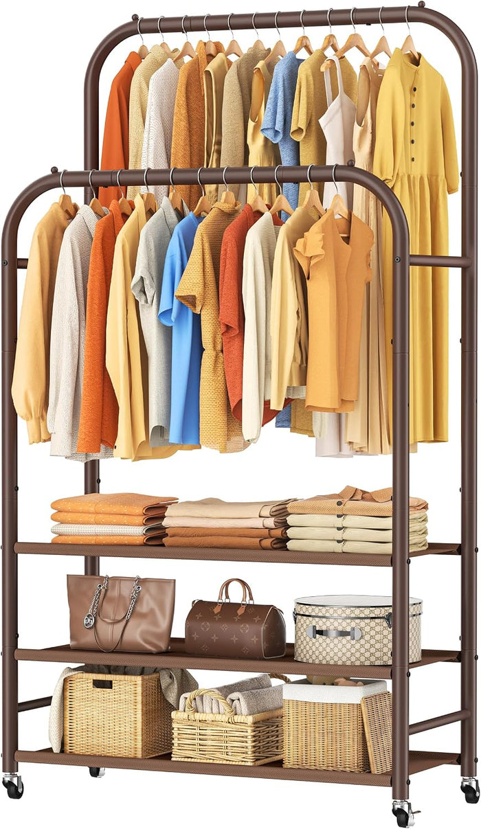 HOMIDEC Clothes Rack,Double Rods Clothing Rack with 3 Tier Shelve&Wheels