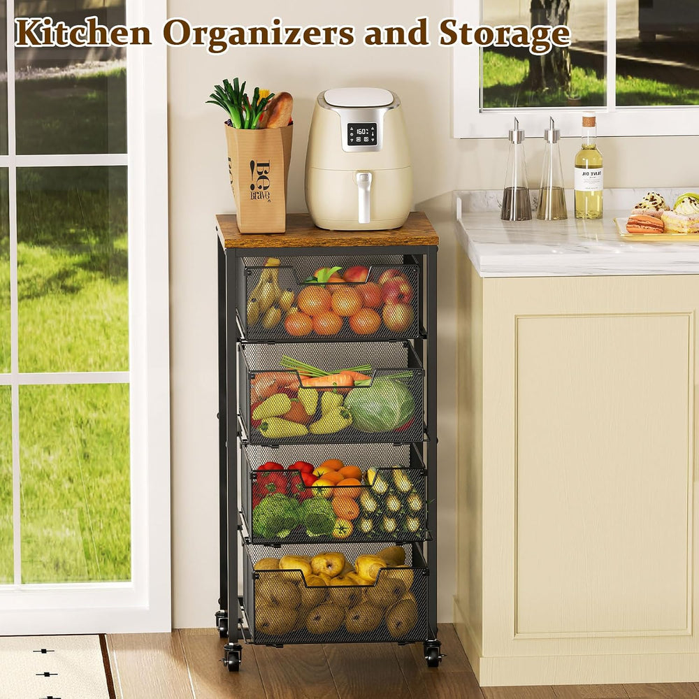Kitchen Rolling Cart with Drawers, 4-Tier Fruit Vegetable Storage Cart on Whe...