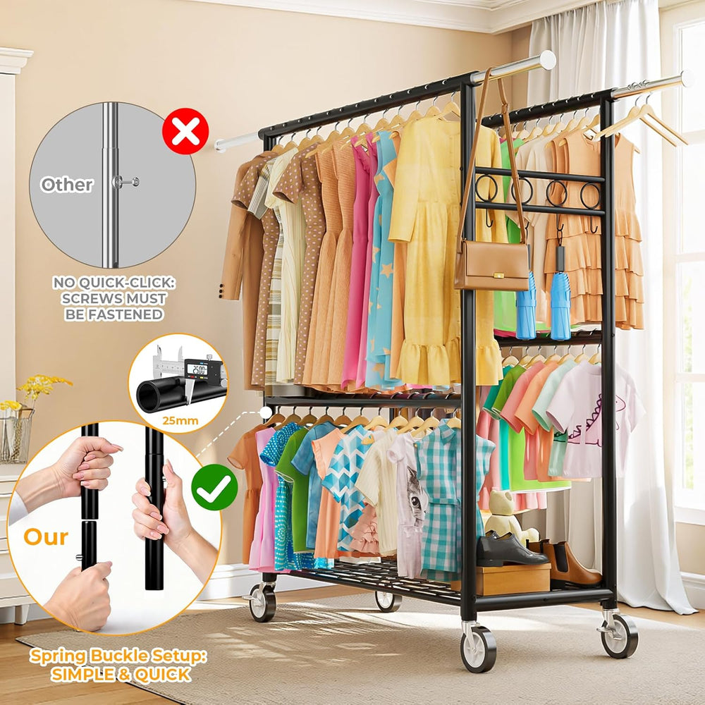 Heavy Duty Clothes Rack Load 1060LBS, Four Rods Rolling Clothing Racks for Ha...