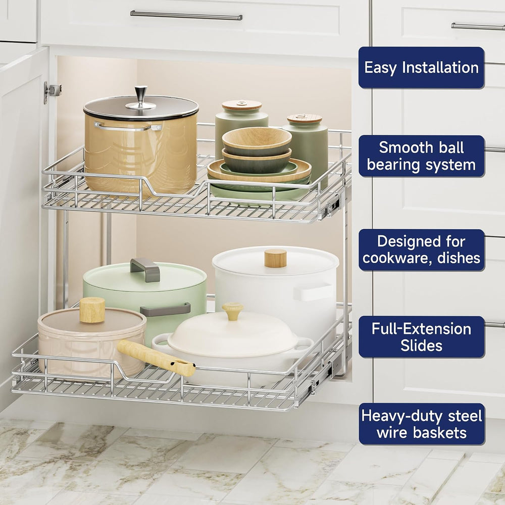 2-Tier Pull Out Cabinet Organizer, 19.5" W x 21.5" D, Heavy Duty Du...