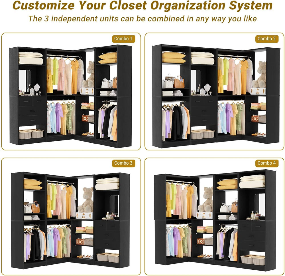 Unikito 86" Corner Closet System with 4 Drawers, 4 Hanging Rods and Mirror
